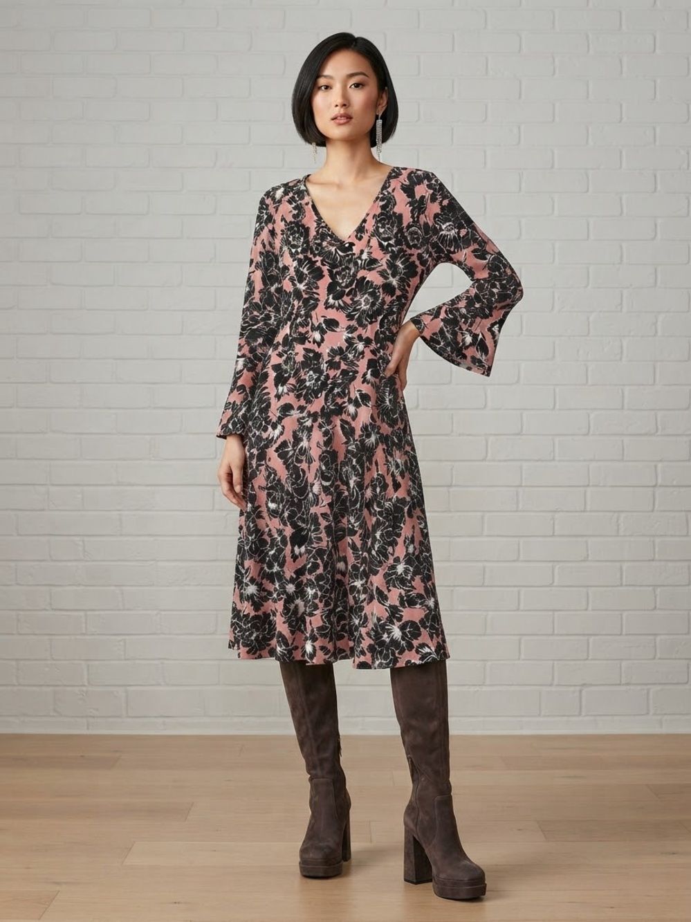LEOTA Pink & Black Floral Bell Sleeve Midi Dress New Size XL